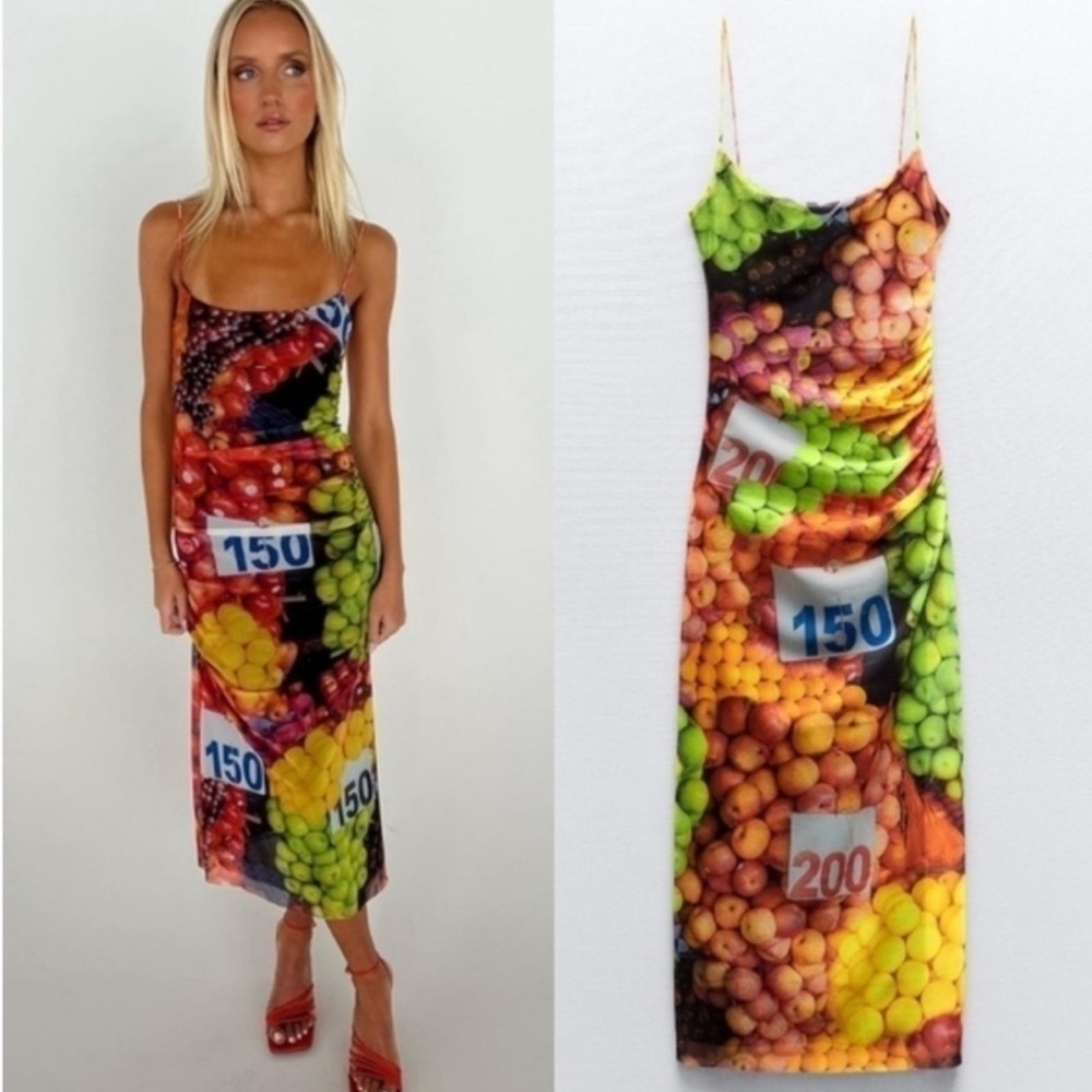 New Zara Colorful Fruit Print Backless Dress